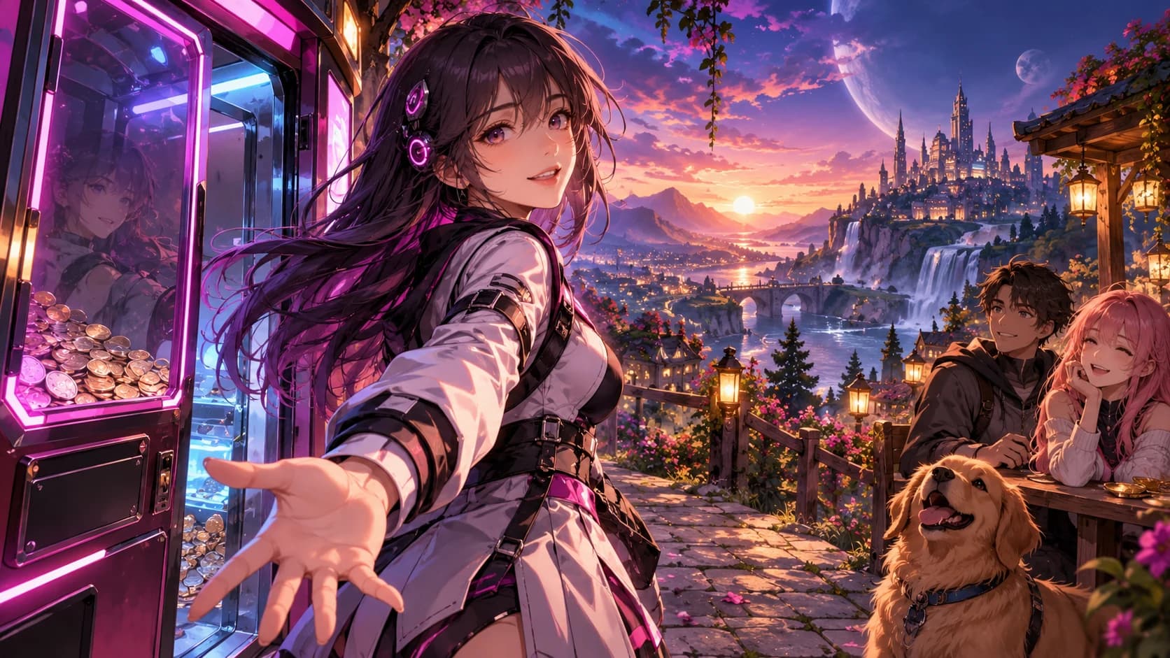 An original adult android companion stepping out of a coin-operated arcade into a welcoming open story world.
