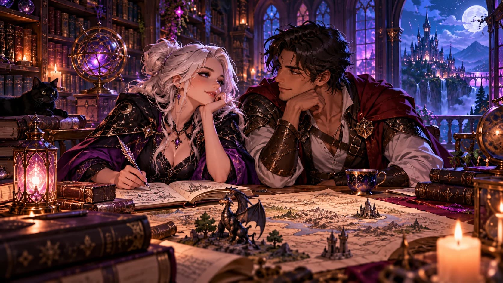 Two original adult companions building a rich fantasy story together in a luminous library.
