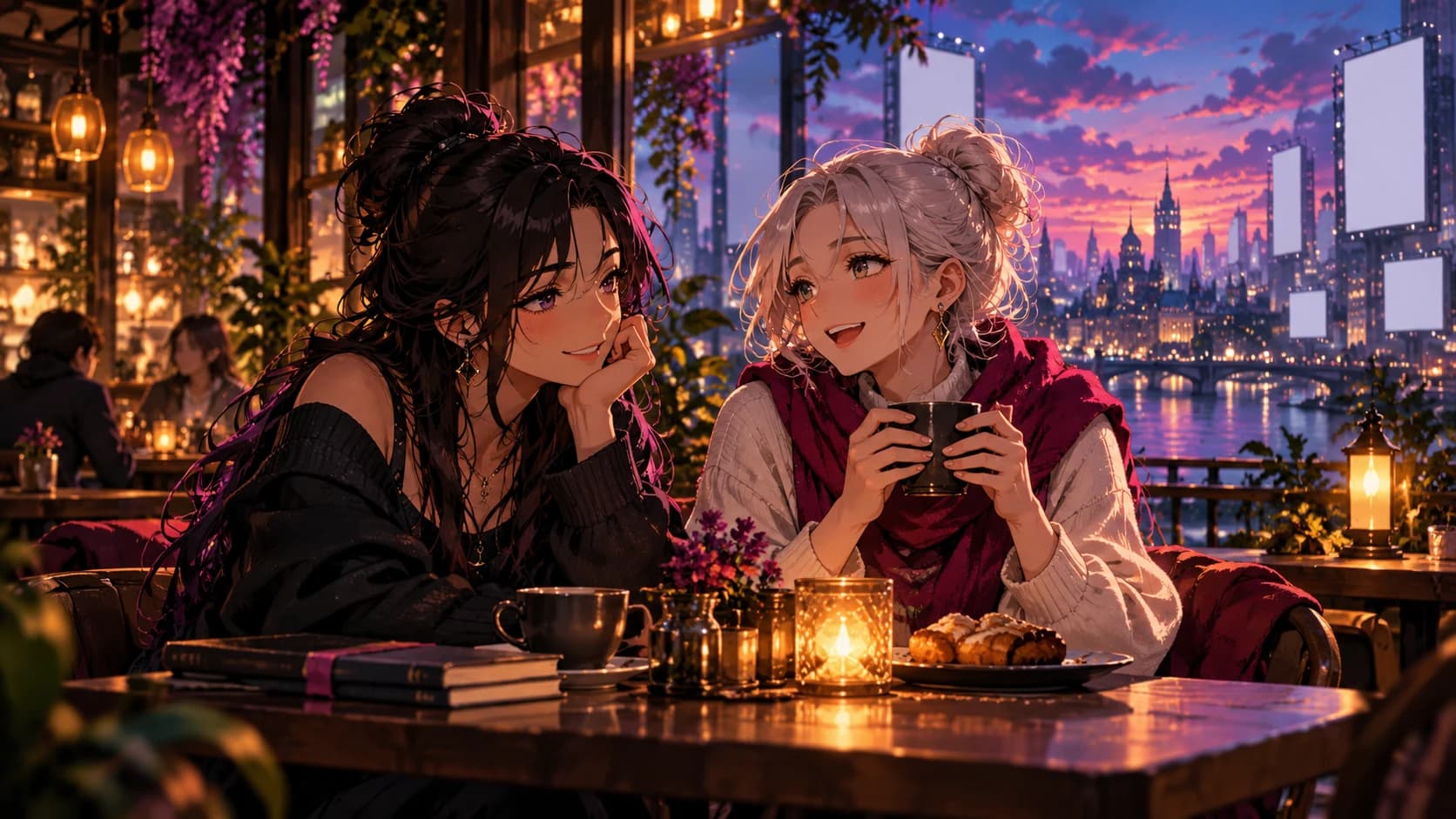 Two original adult anime friends reconnecting in a peaceful cafe as blank advertising panels fade into the distance.