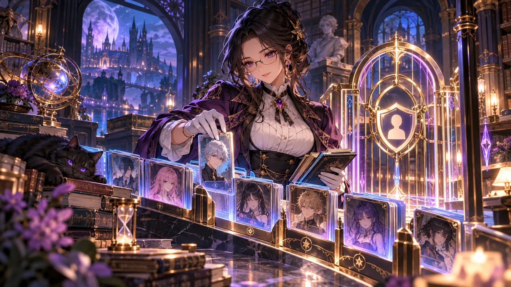 An adult anime librarian curating character cards behind an elegant abstract protective gate.