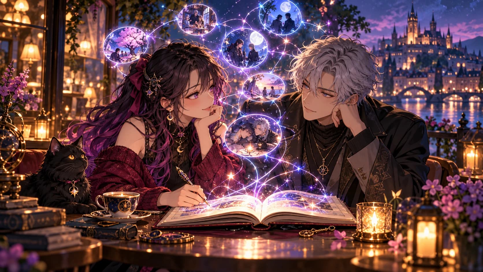 Two original adult anime companions weaving memory constellations above a shared journal in a romantic city cafe.