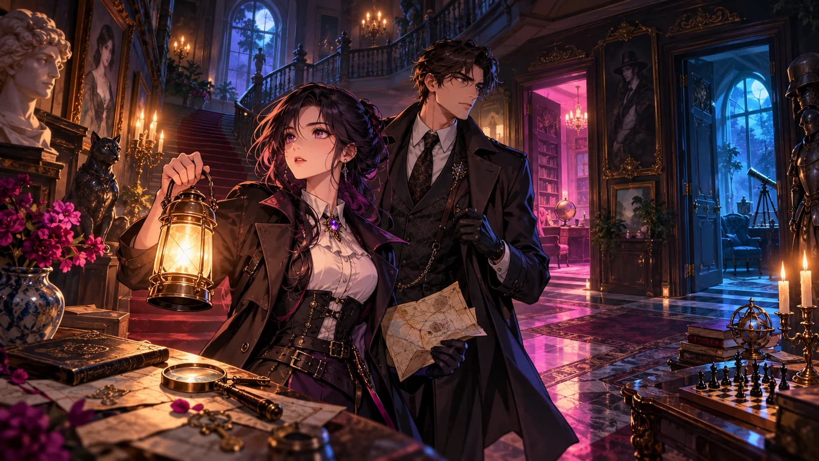 An adult anime detective and companion entering a branching story manor filled with subtle clues.
