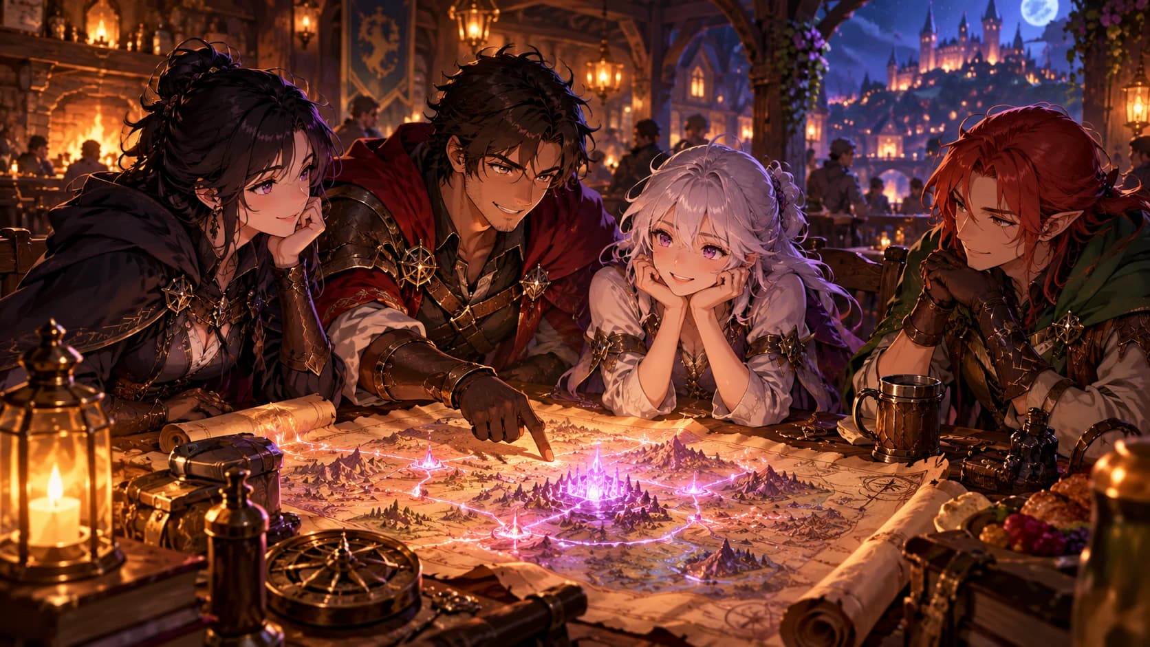 A small original adult anime adventuring party opening a glowing map in a fantasy tavern.