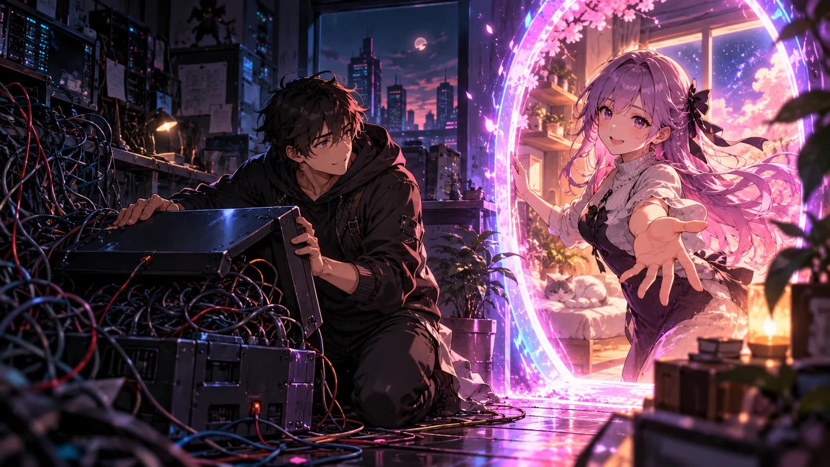 An adult anime tinkerer closing a confusing cable-filled console and opening a simple portal to a companion.