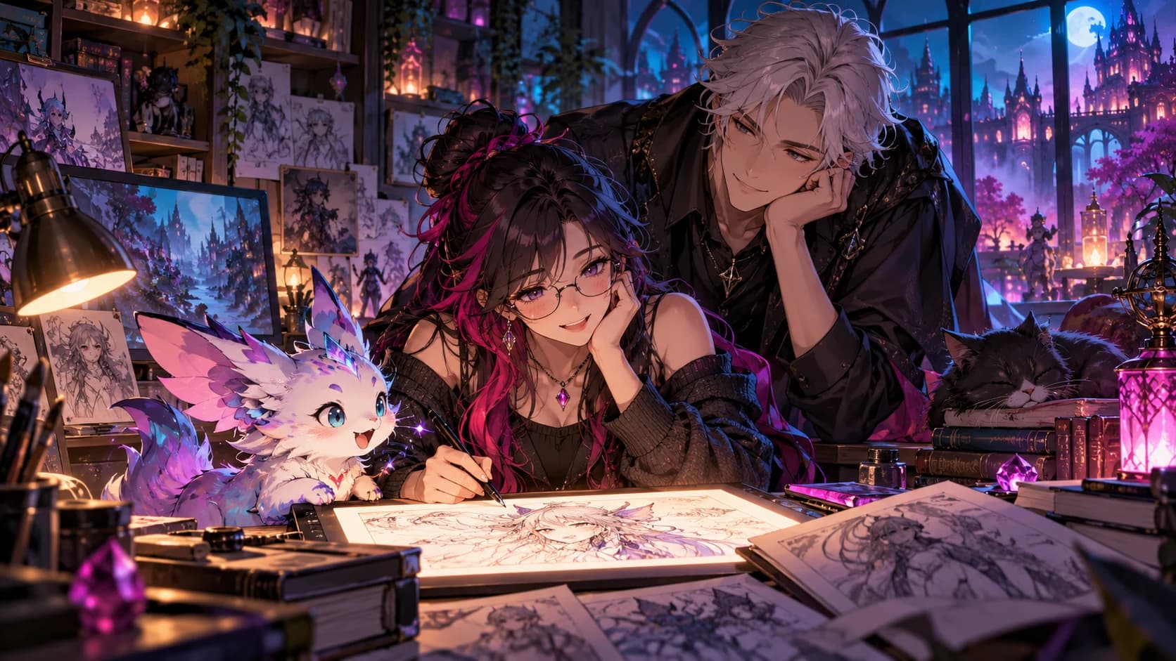 An original adult anime artist bringing a friendly little fantasy creature and an adult companion to life in a creative studio.