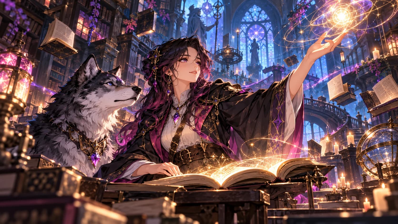 An adult anime storyteller restoring light to an old magical library with a faithful companion.