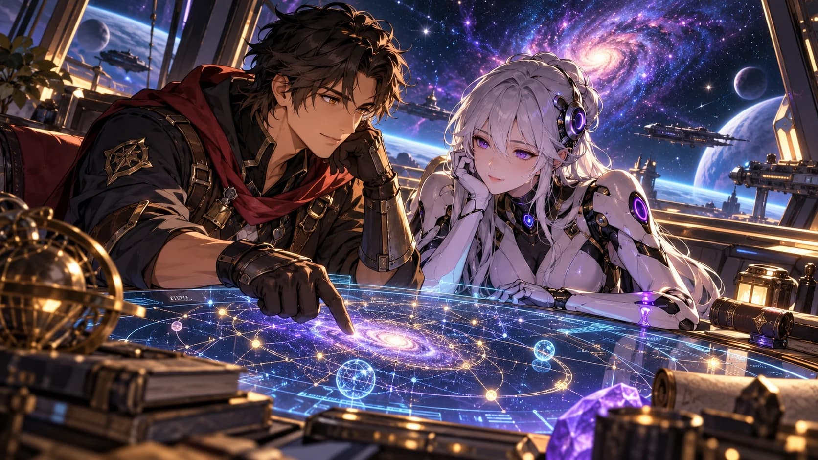 An adult anime adventurer and android companion sharing a detailed star map on a spacecraft observation deck.
