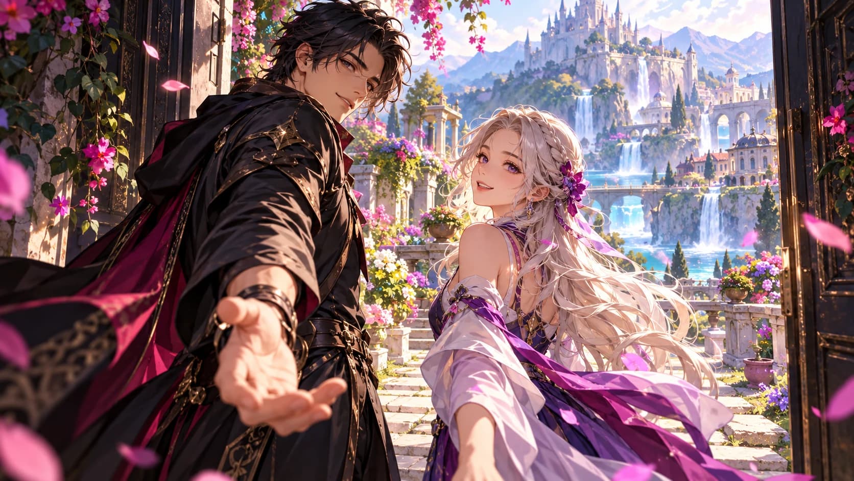 Two original adult anime companions discovering a vivid garden world through a city doorway.
