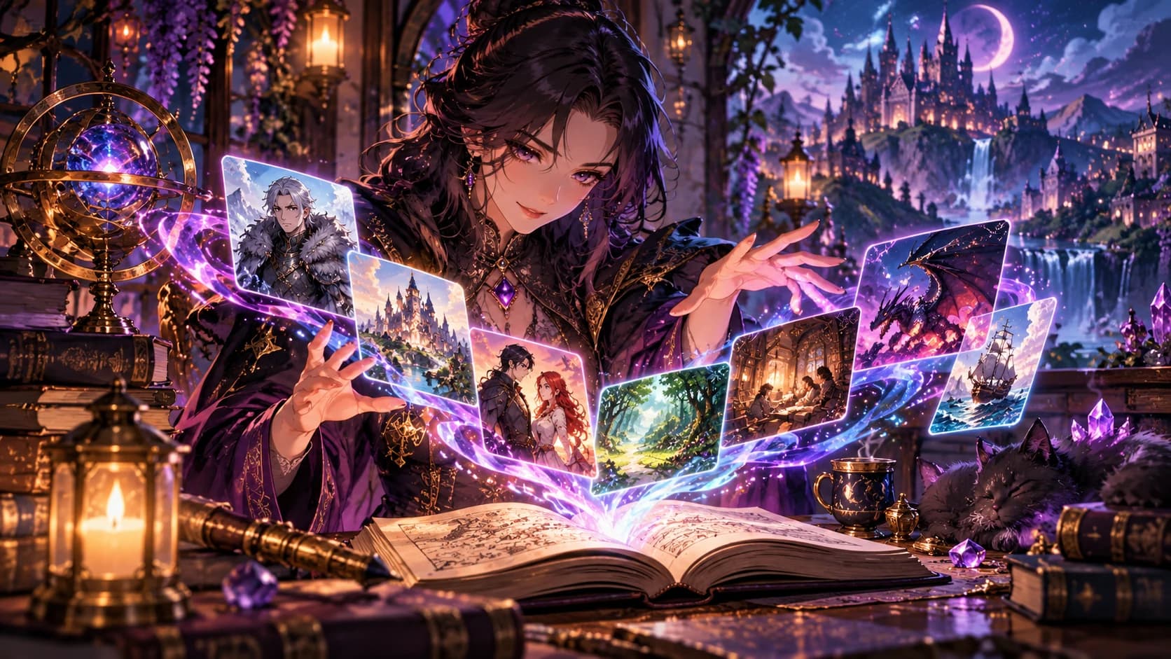 An adult anime mage weaving a coherent glowing story from floating illustrated cards above a journal.