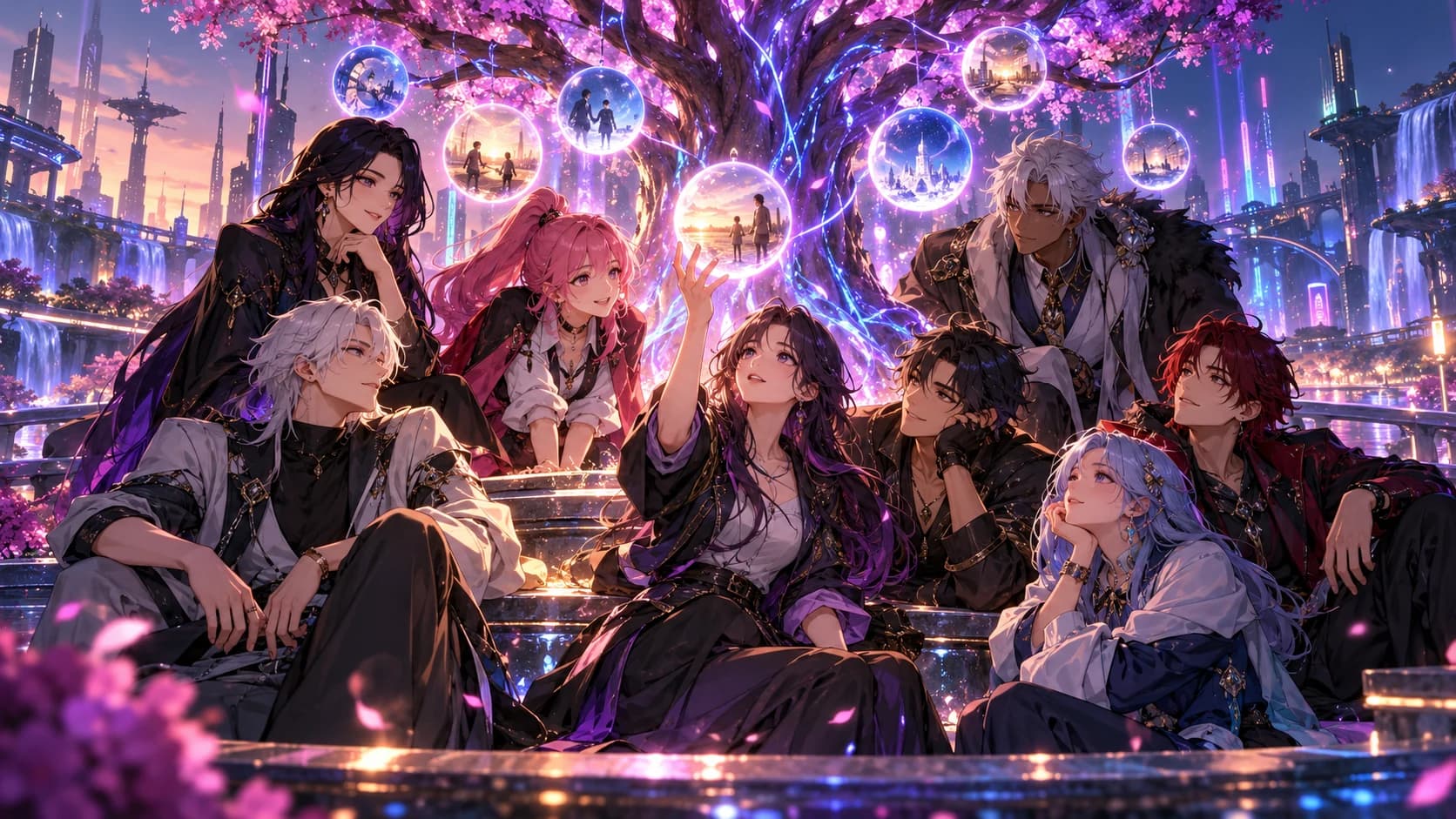 A diverse original adult anime ensemble gathering around a glowing memory tree in a neon city plaza.