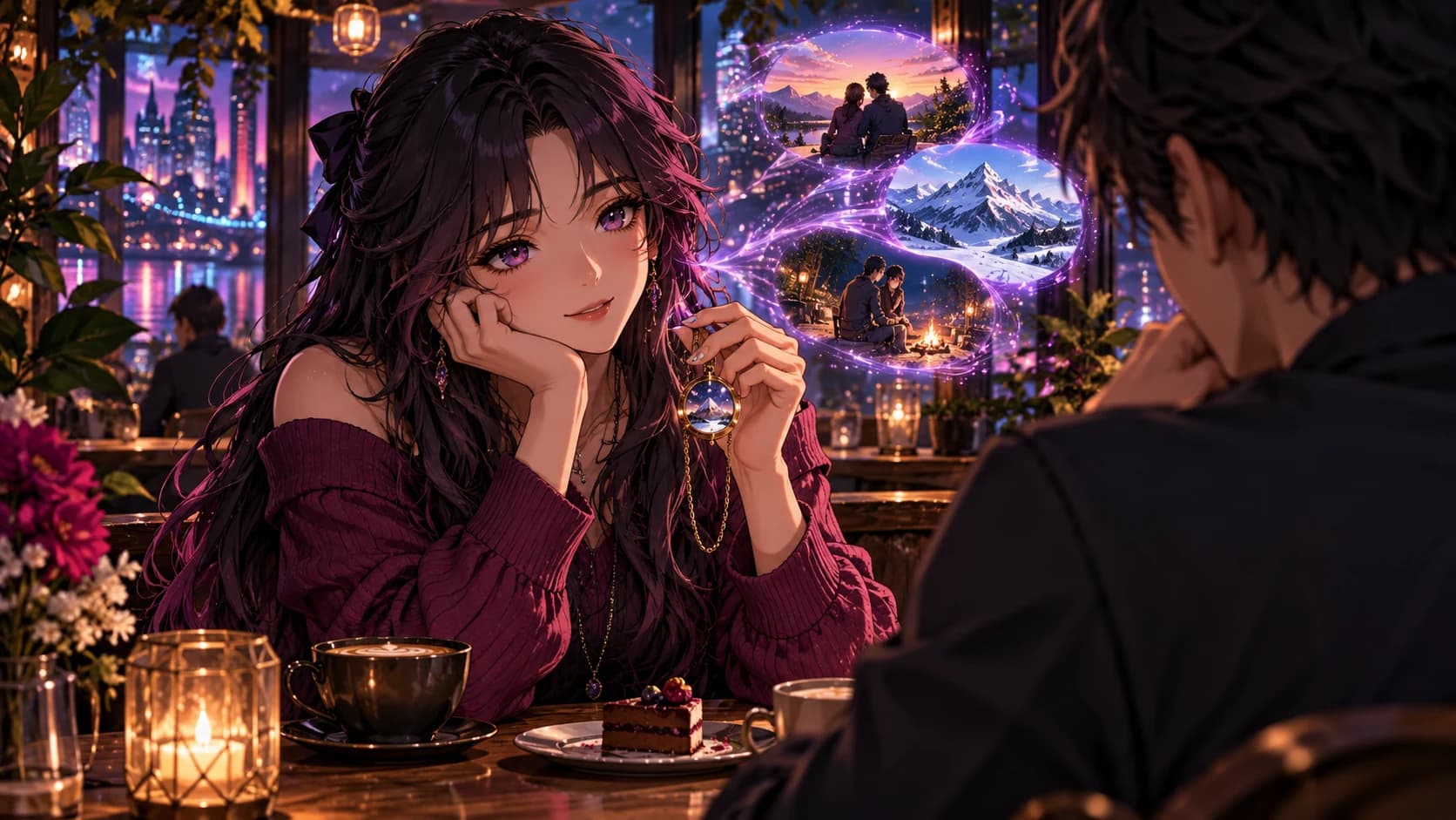An attentive original adult anime companion recalling a shared keepsake across a cozy cafe table.