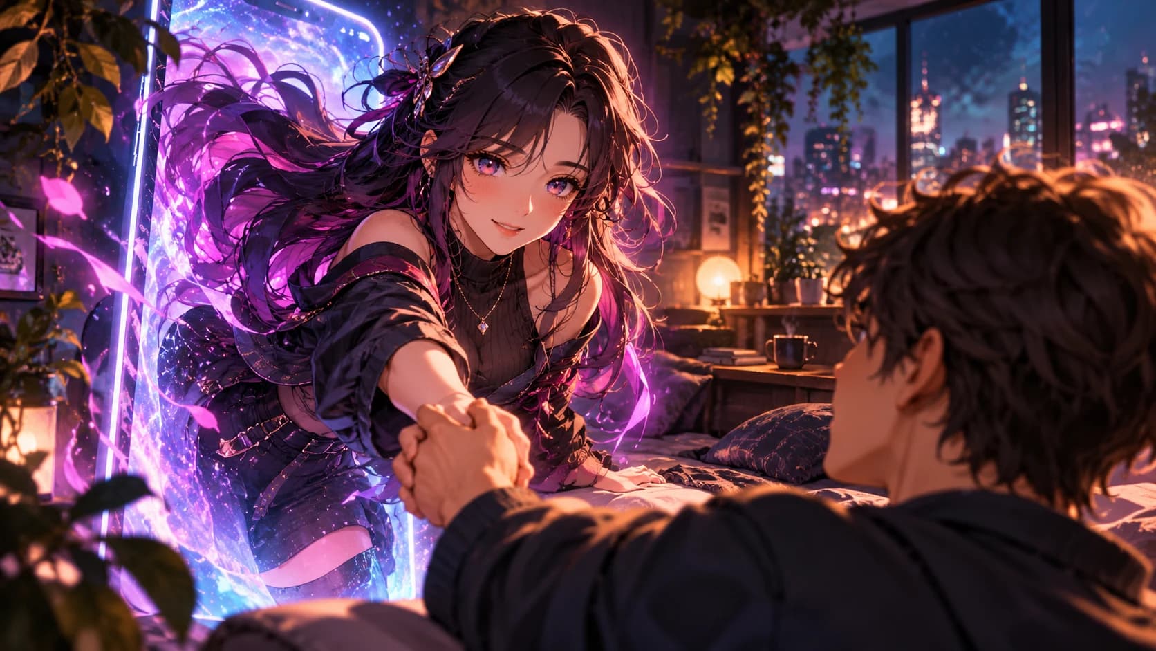 An original adult anime companion reaching out from an abstract luminous phone-shaped portal into a real shared story scene.