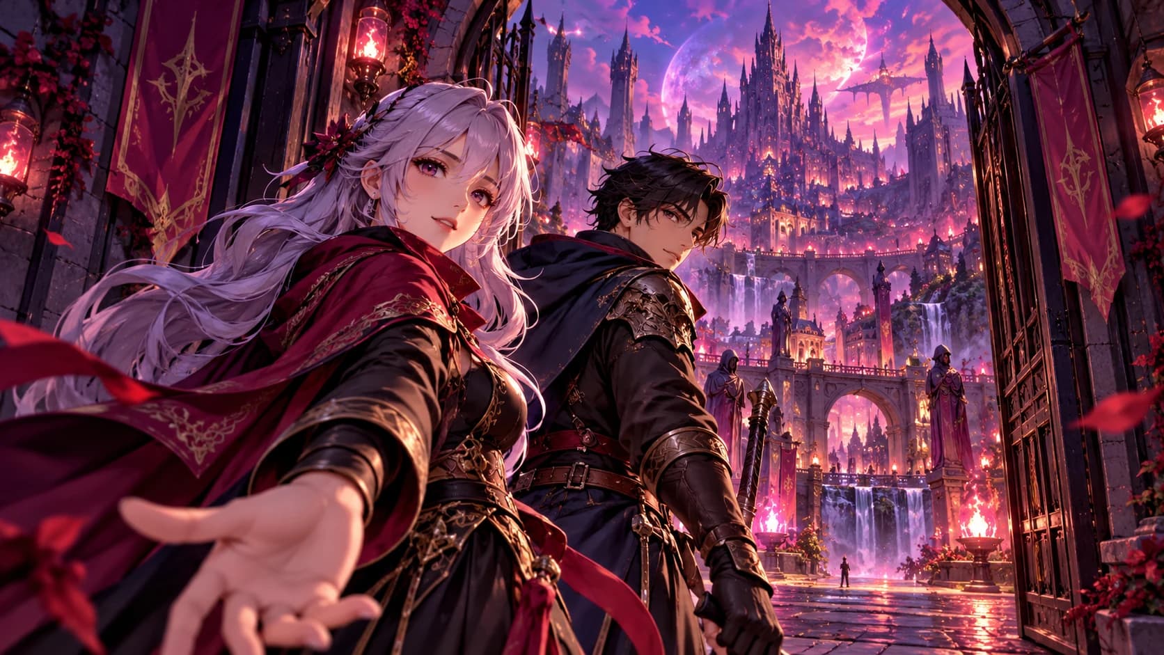 Two original adult anime companions starting an intriguing fantasy adventure through a crimson violet city gateway.