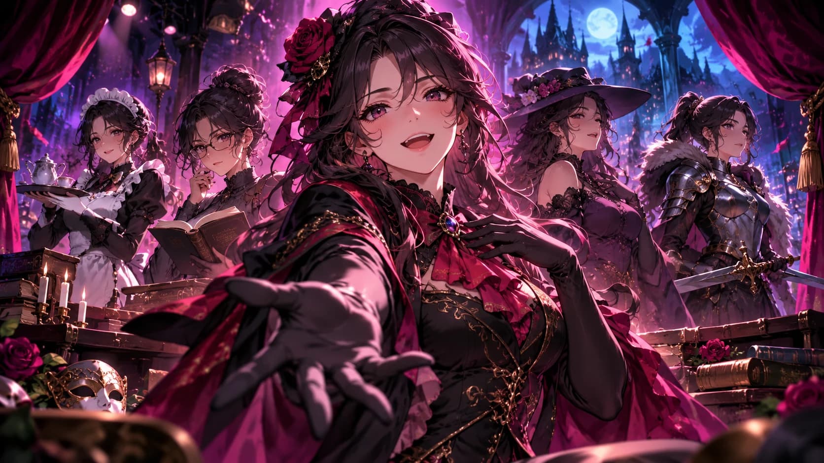 An original adult anime performer maintaining an expressive character across a theatrical story stage.