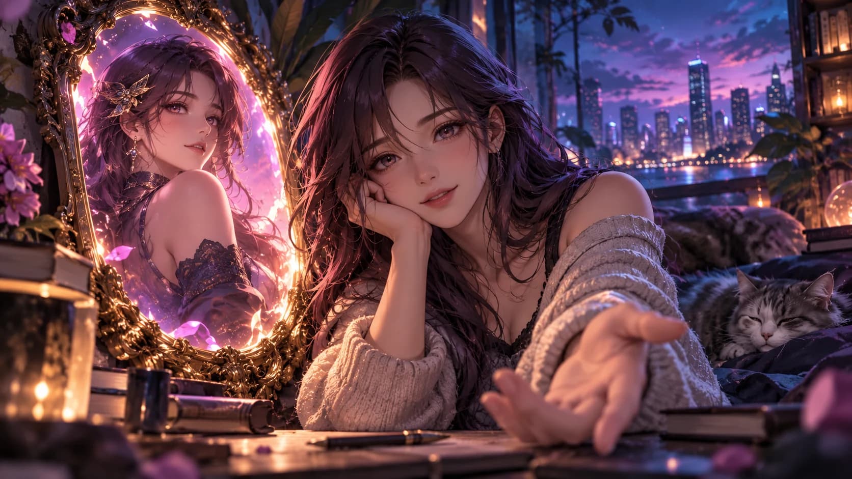 An adult anime companion looking past a luminous decorative portrait frame toward the viewer.