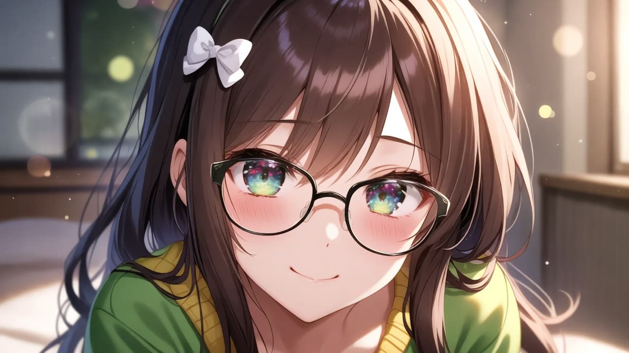 Anime girl with long brown hair, round glasses, and a white bow leaning toward the viewer with a soft smile in a sunlit room