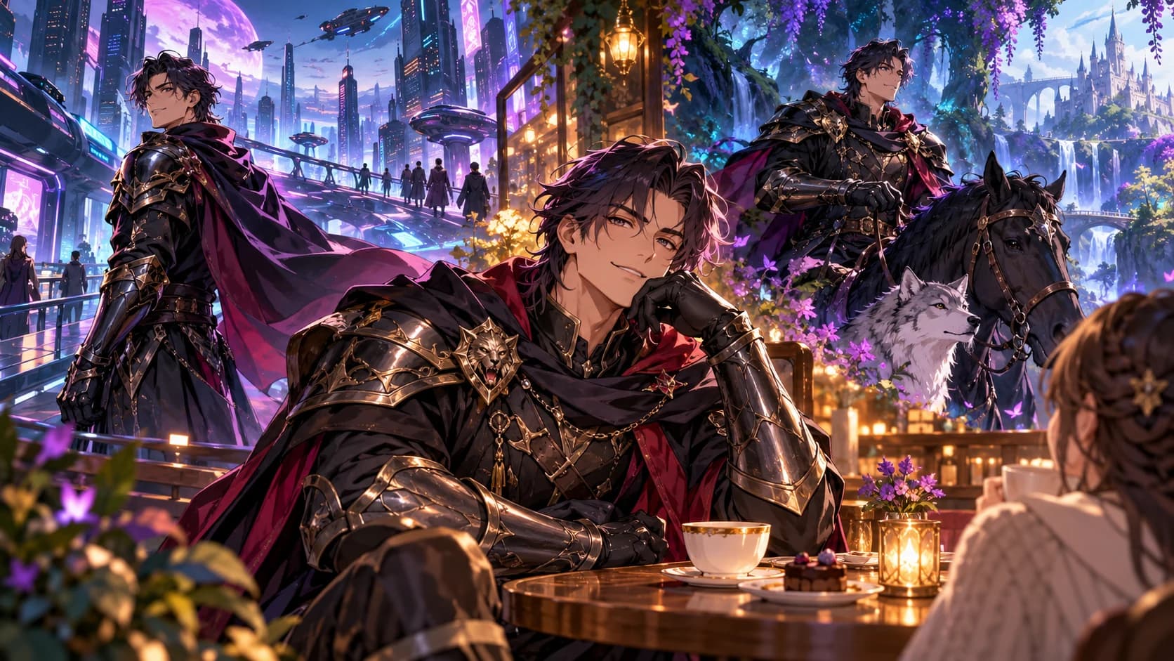 An adult anime knight maintaining the same confident identity across a futuristic city.