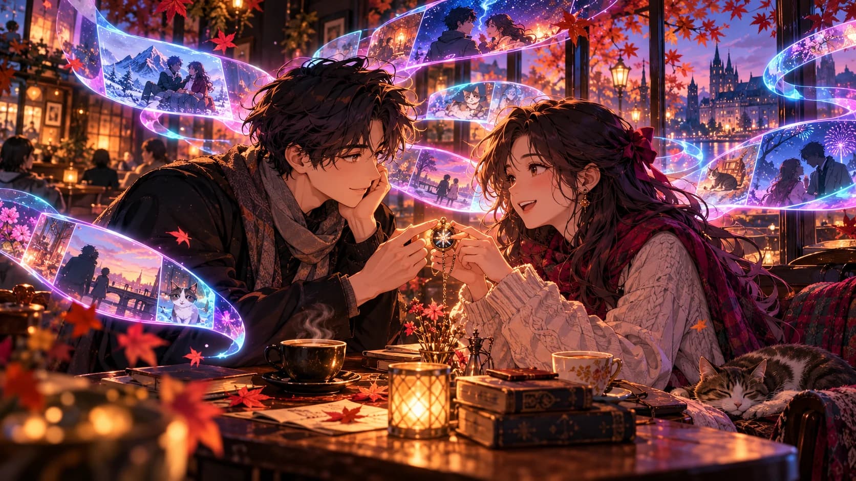 Two adult anime friends meeting again in an autumn cafe, recognizing a shared keepsake.