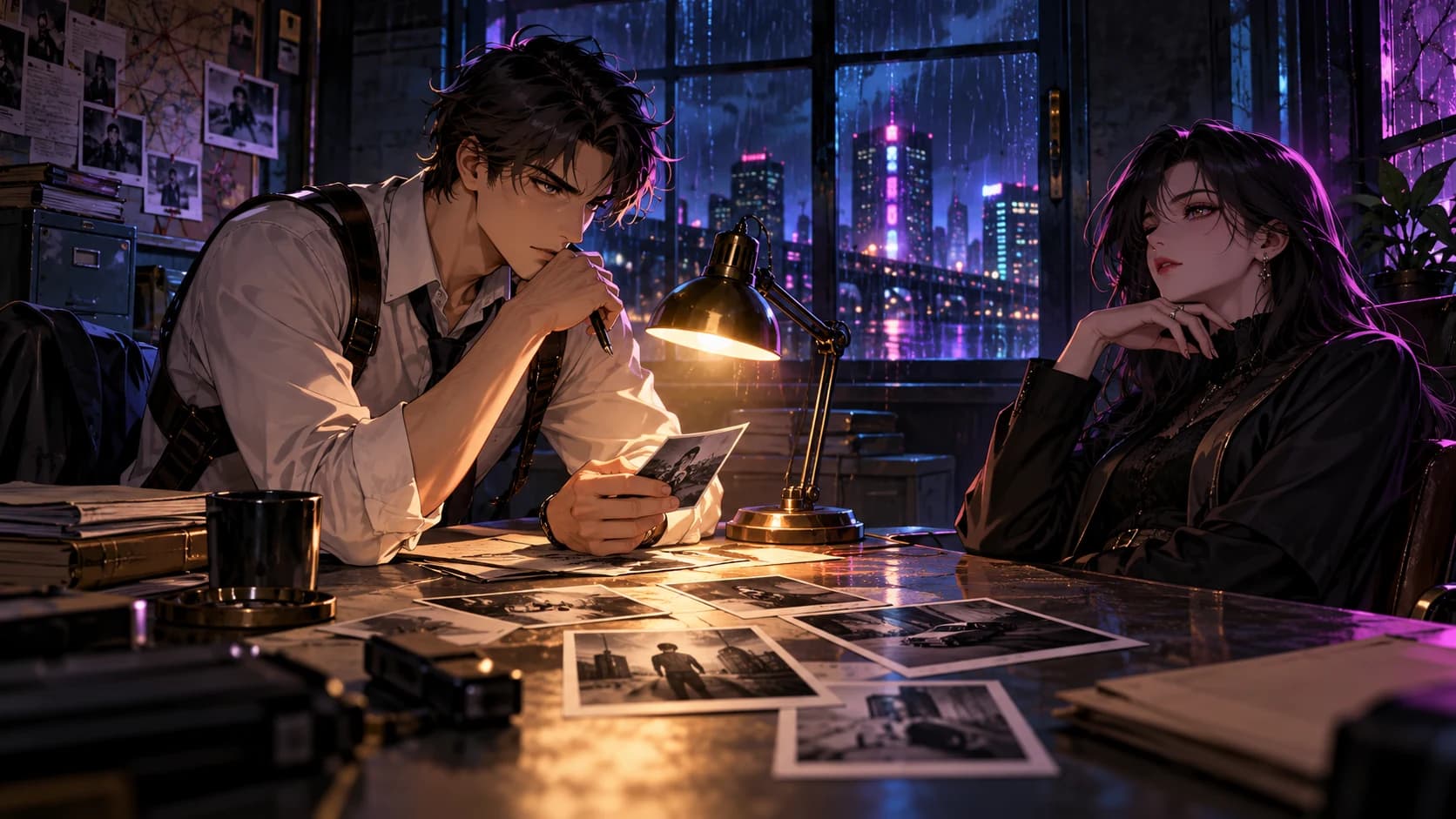 An adult anime detective questioning a mysterious suspect across a desk in a moody noir interrogation room, rainlit window.