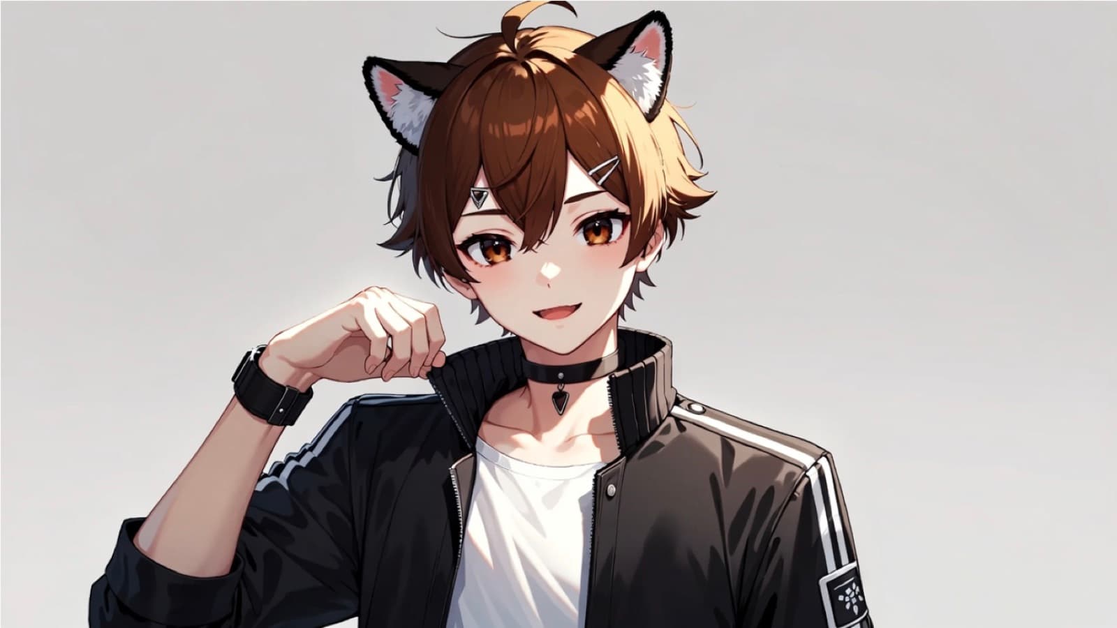 Anime cat-boy with brown hair, cat ears, a black choker and a black track jacket over a white T-shirt, smiling against a plain grey background