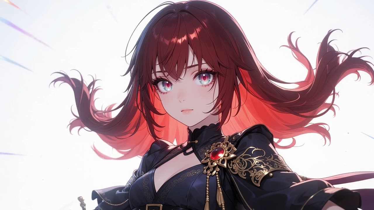 Anime-style character with long red hair and a dark ornate outfit.