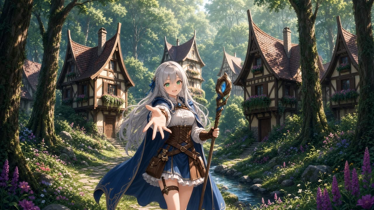 Anime illustration of a silver-haired mage in a blue cloak reaching toward the viewer on a forest path between timber-framed cottages.