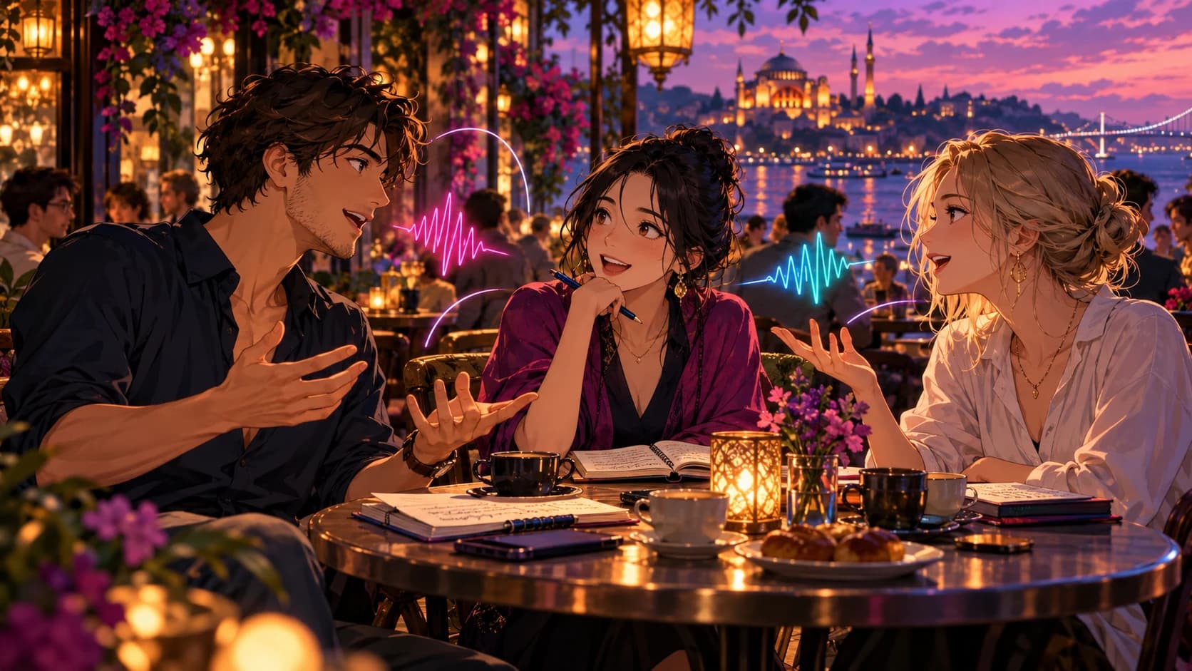 Three adult anime learners practicing a lively conversation in an international evening cafe.