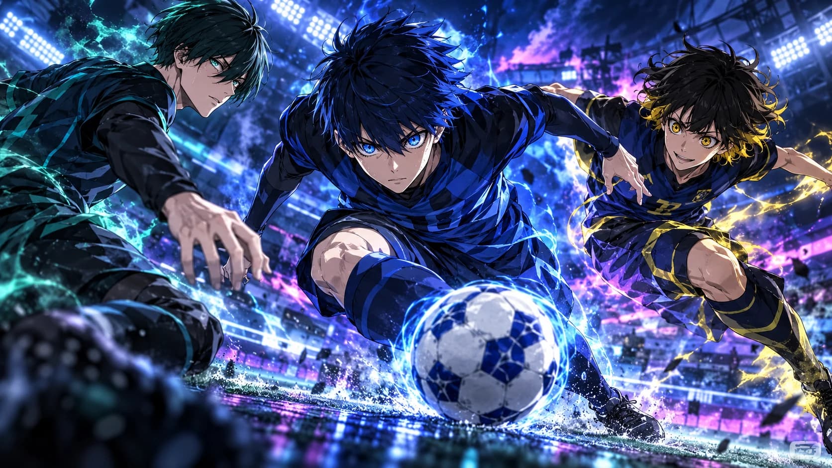 Isagi, Rin and Bachira from Blue Lock in a dynamic soccer training scene, electric blue stadium light, ball central.