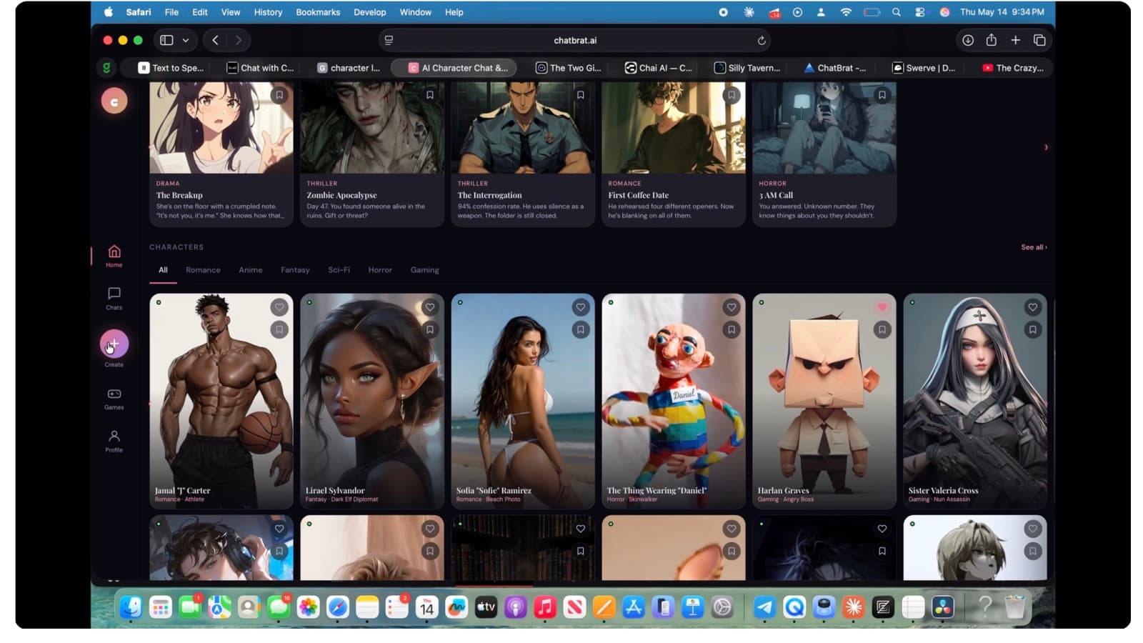 Screenshot of the ChatBrat AI home page in Safari showing scenario cards and a grid of original AI characters, used instead of One Piece artwork