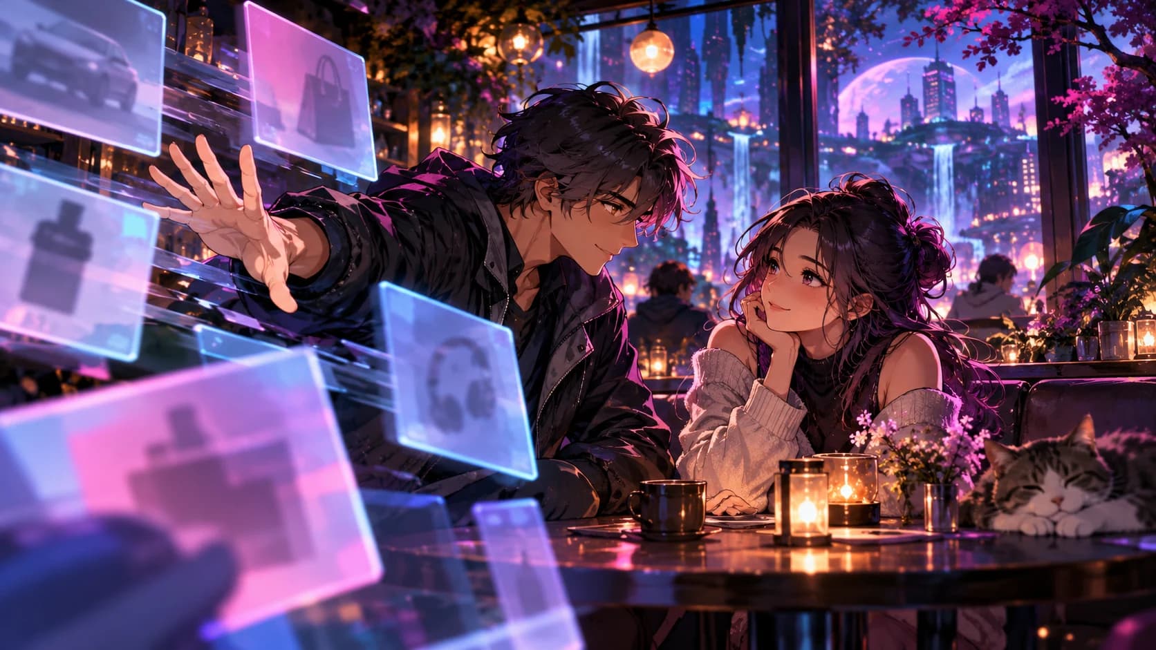 An adult anime protagonist moving distracting blank holographic advertisement panels aside to reconnect with a friend in a tranquil neon cafe.