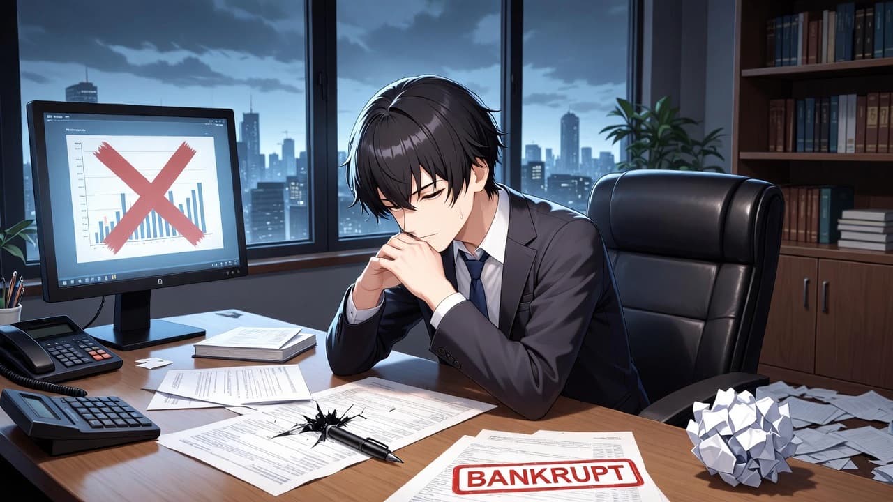 Anime businessman in a dark suit slumped at an office desk at night, a red BANKRUPT stamp on the papers and a crossed-out chart on his monitor