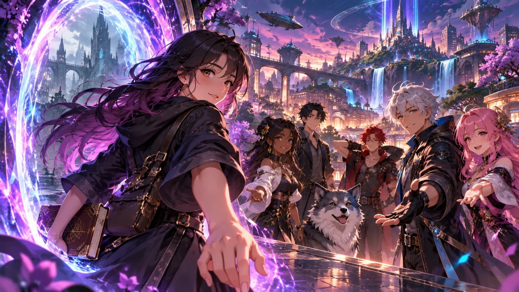 An adult anime traveler carrying a journal through a luminous portal toward a welcoming group of new companions in a rich futuristic city.