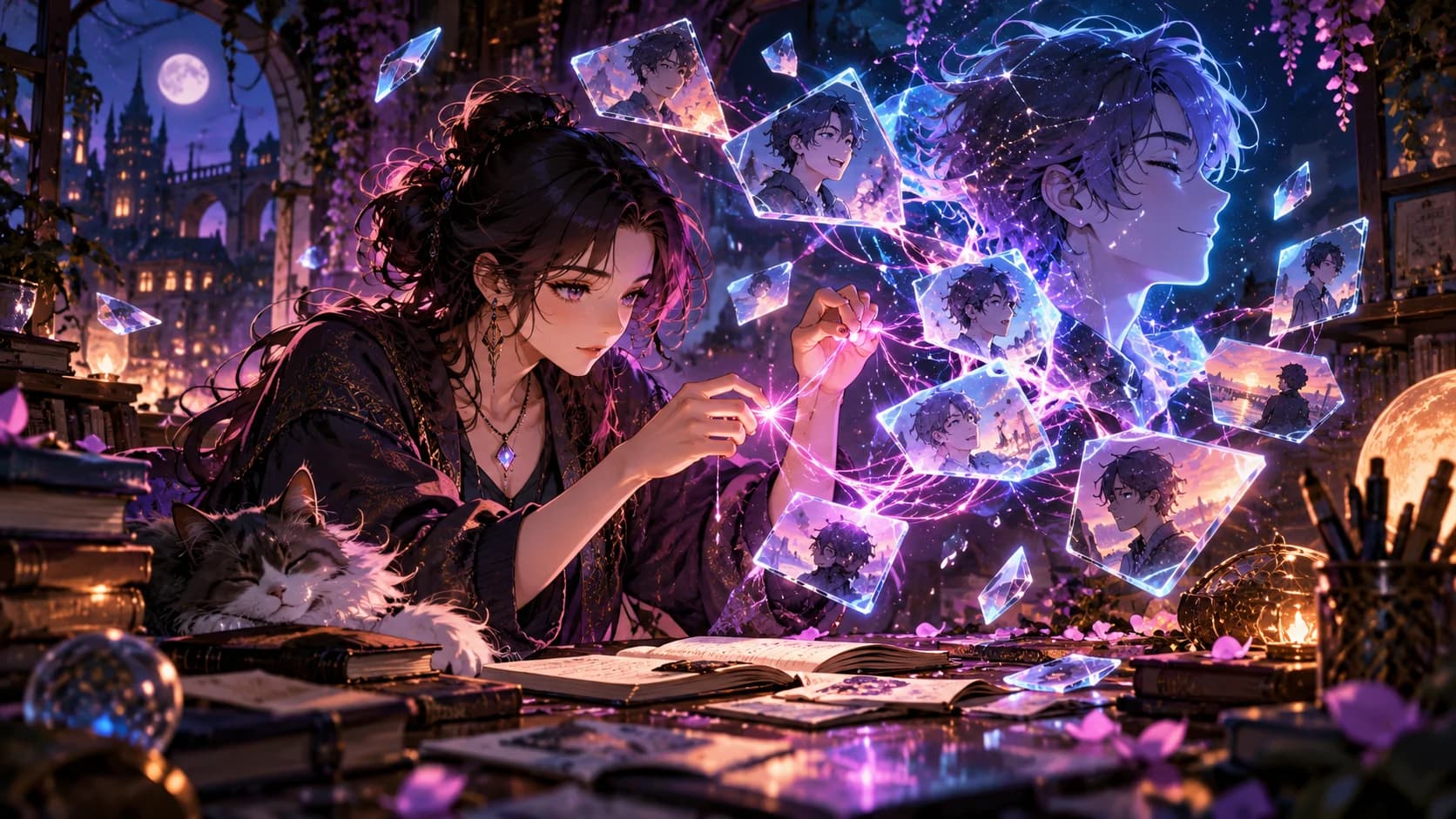 An adult anime tinkerer carefully reconnecting luminous memory strands above a desk.