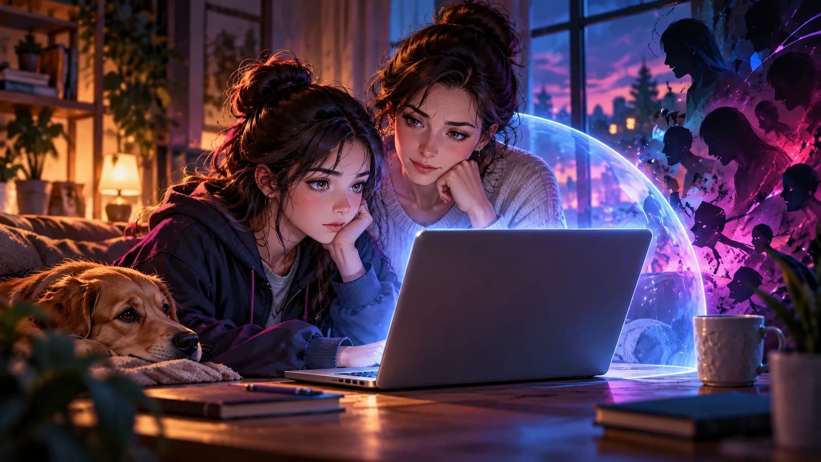A thoughtful parent and teenager reviewing a laptop together at home.