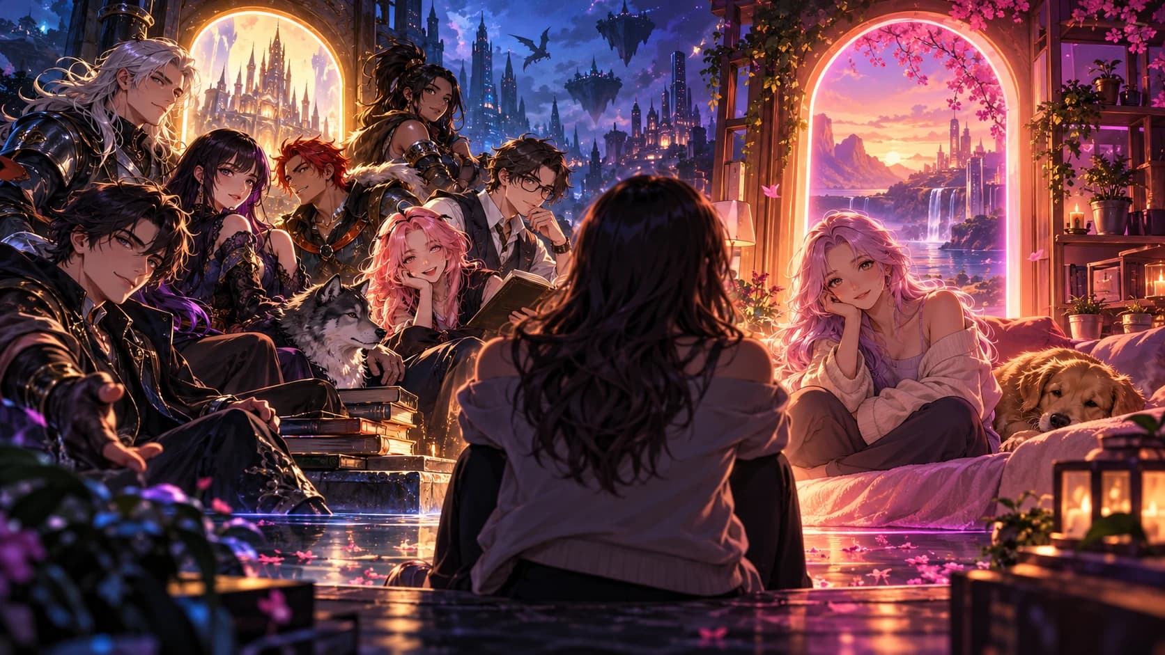 A balanced cinematic composition contrasting an ensemble of varied adult anime story characters with one attentive adult companion.