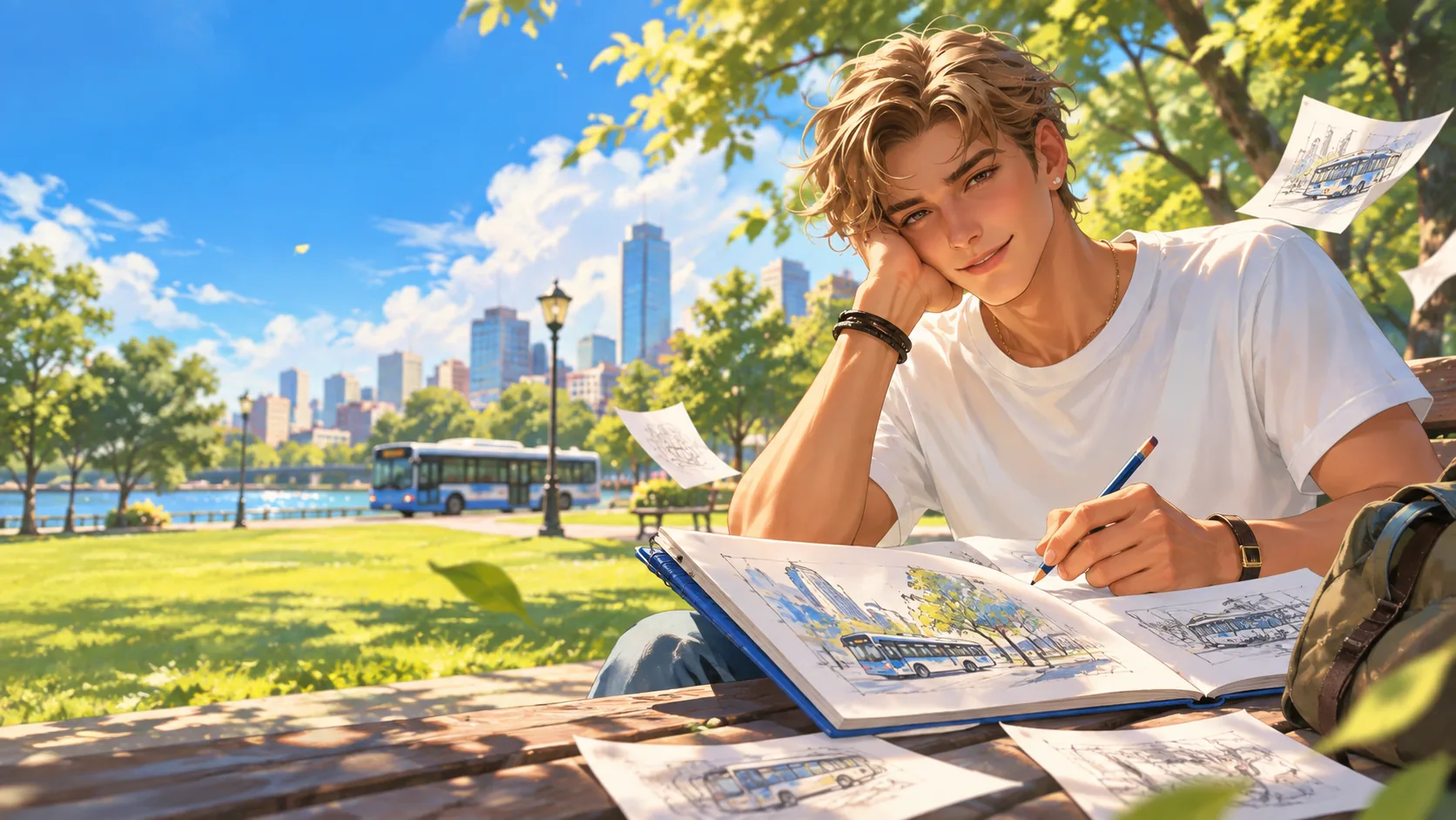 Ryu sketching city buses in a blue notebook during a sunny park lunch break