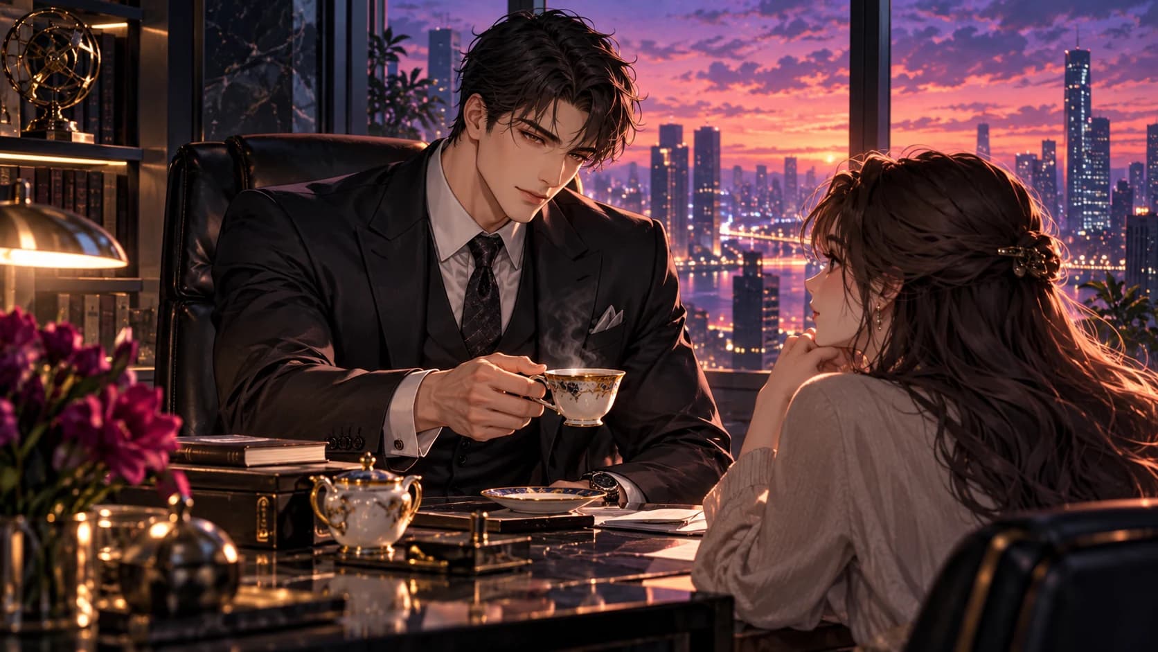 A reserved adult anime CEO in a tailored suit in a glass office at dusk.