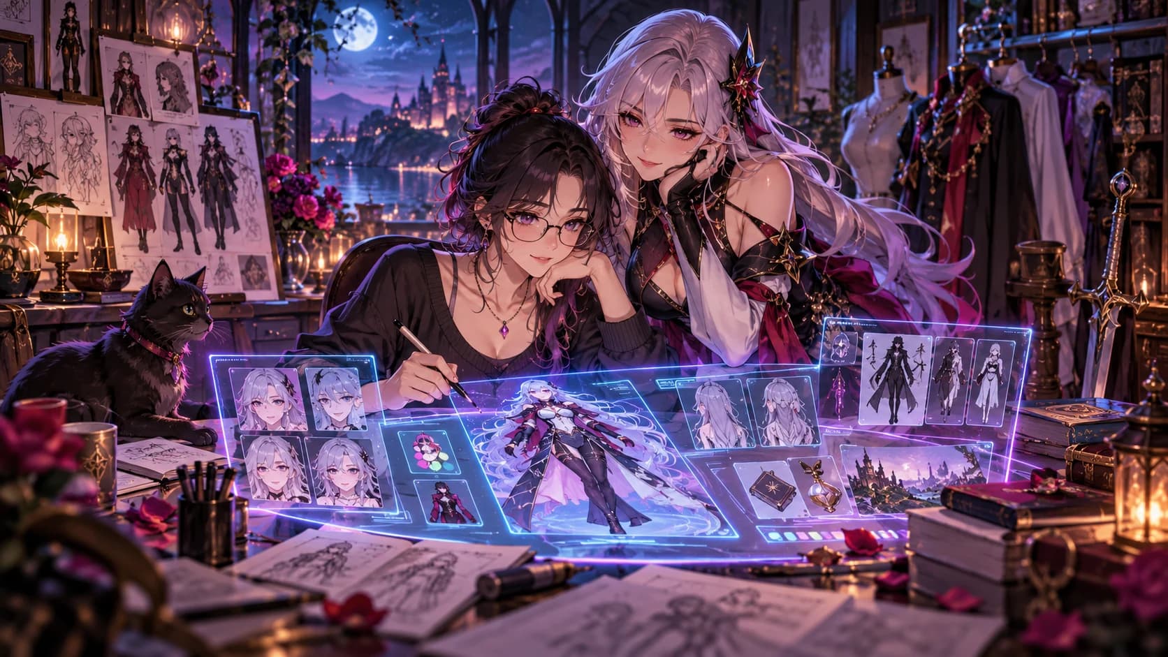 An adult anime artist designing an original adult companion at a holographic creative desk, costume silhouettes.