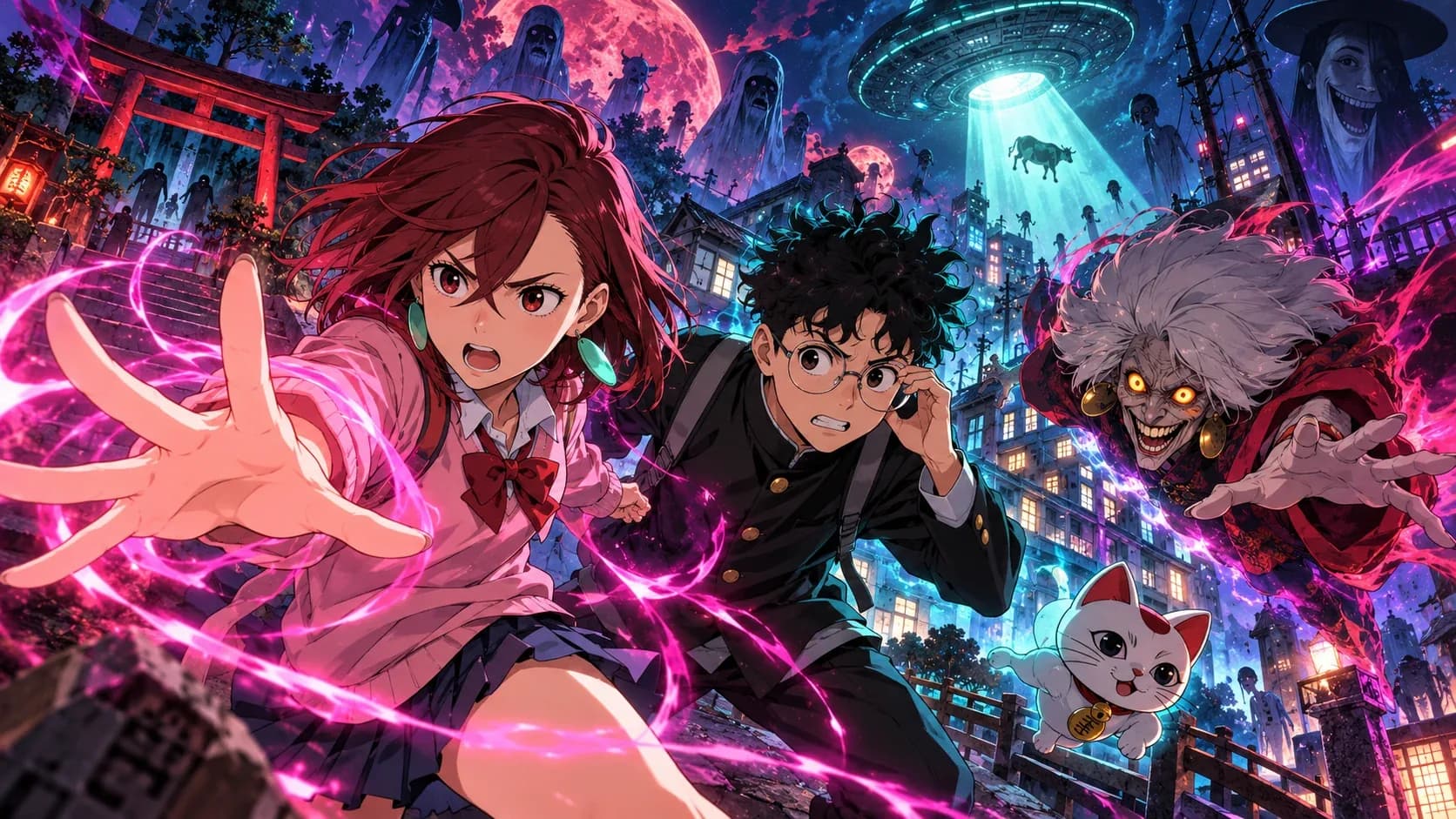 Momo, Okarun and Turbo Granny from Dandadan on a supernatural city street.