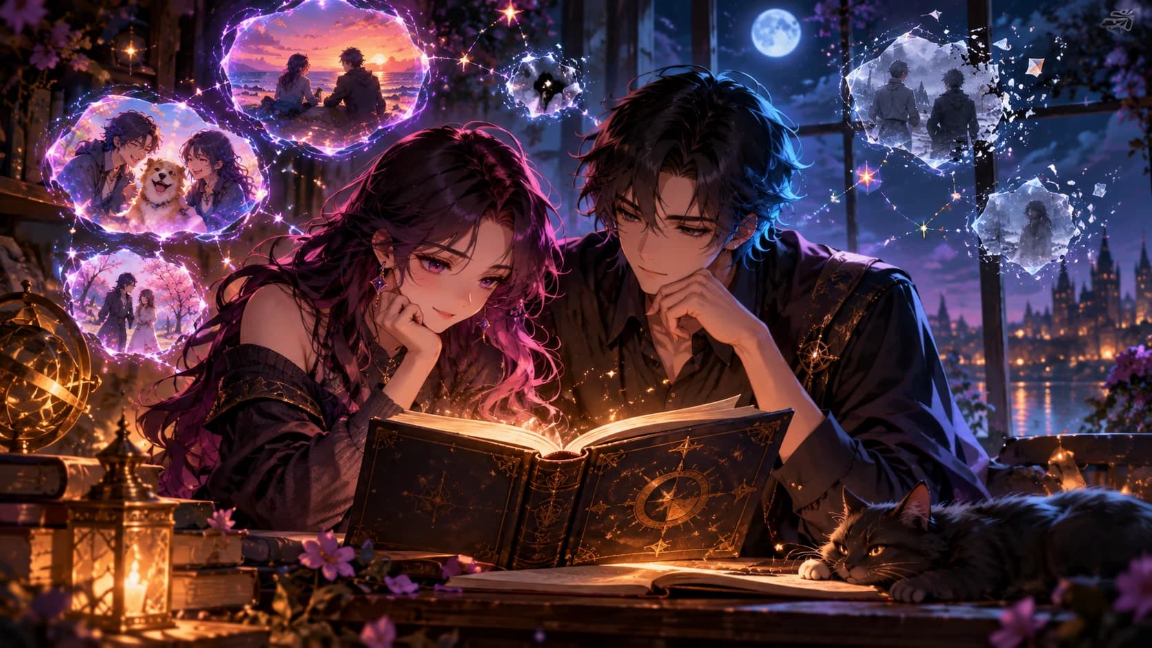Two adult anime companions revisiting a shared journal beside a night window.