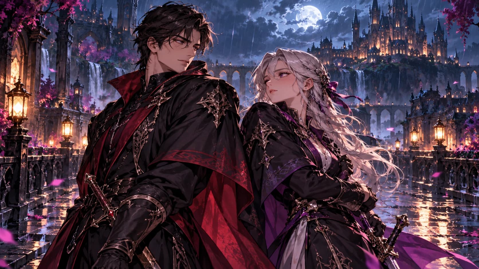 Two adult anime rivals in elegant fantasy coats standing back to back on a rainlit bridge.