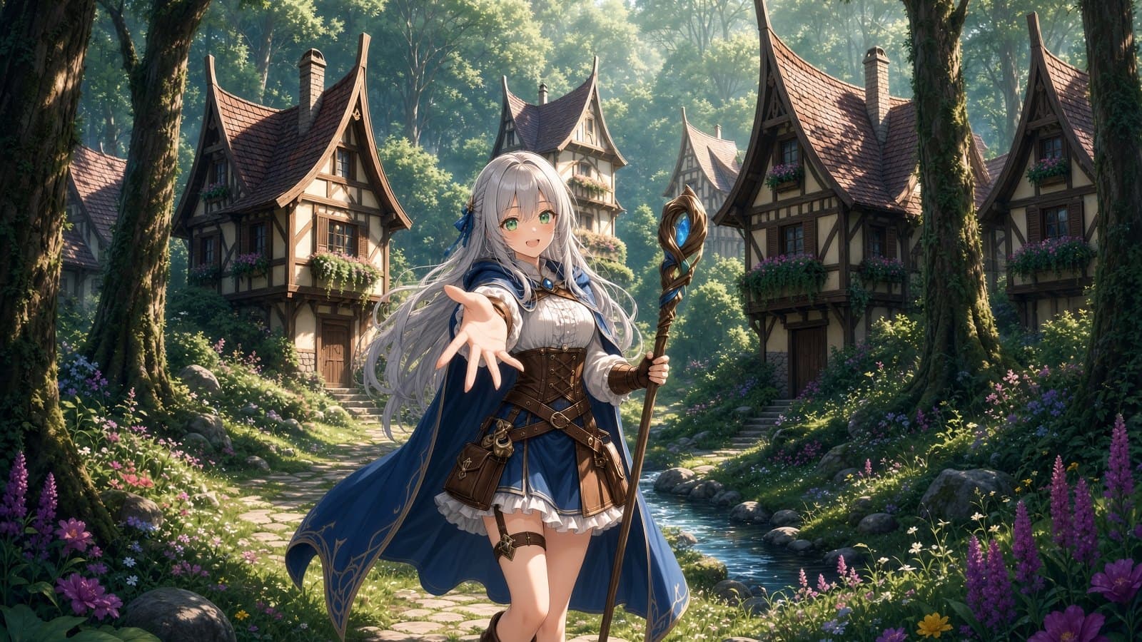 Anime girl with long silver hair, a blue cloak, and a wooden staff smiling and reaching toward the viewer on a stone path through a forest village