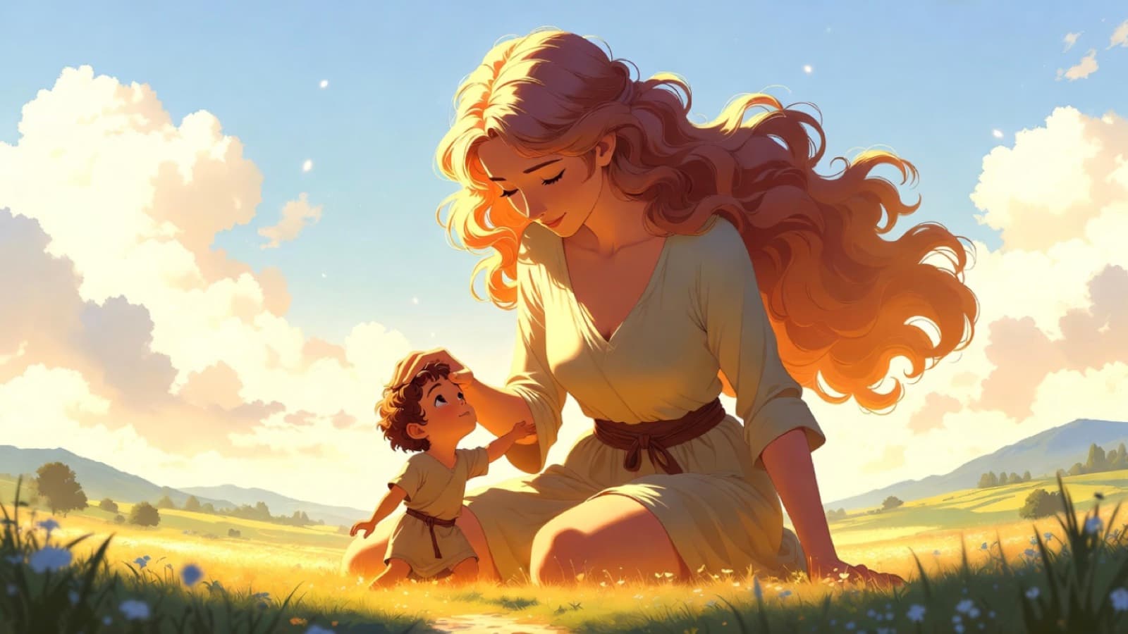 A gentle giant woman with long wavy golden hair kneels in a sunny meadow and rests her hand on the head of a small child looking up at her