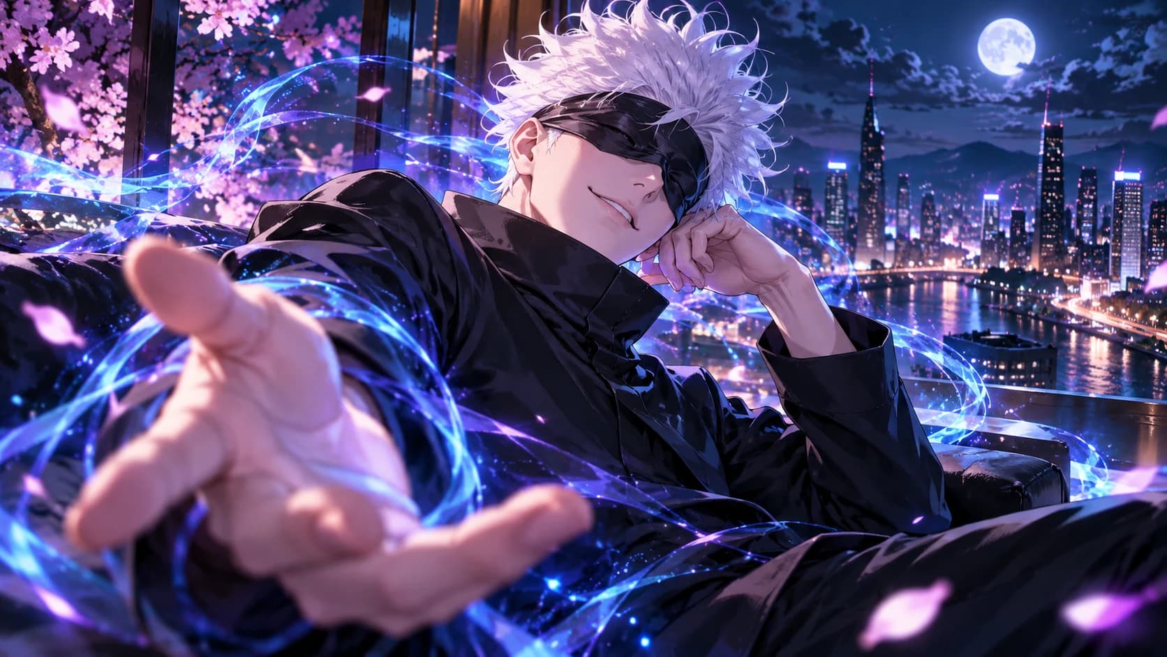 Satoru Gojo with white hair and dark blindfold, playful confident smile, black high-collar outfit.