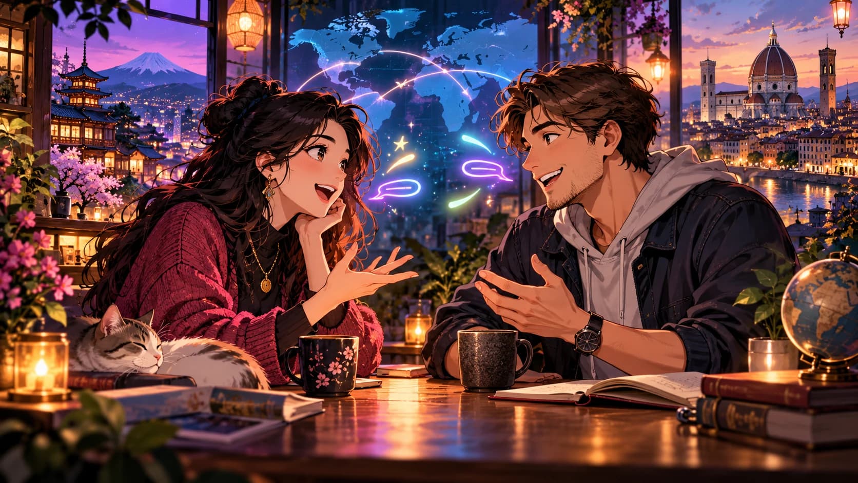 Two adult anime language partners having a lively video-style conversation across a single connected international cafe scene.