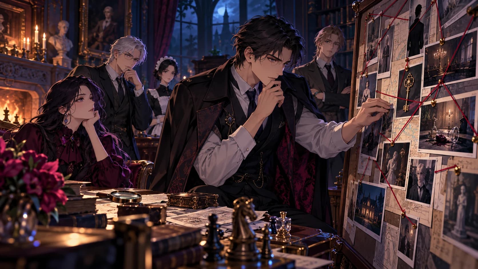 A sharp adult anime detective calmly organizing an evidence board in an old manor study, clues and strings.