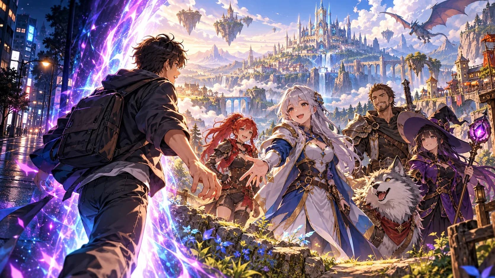 An adult anime adventurer stepping through a luminous portal from a modern street into a vast fantasy world with a distant guild city.