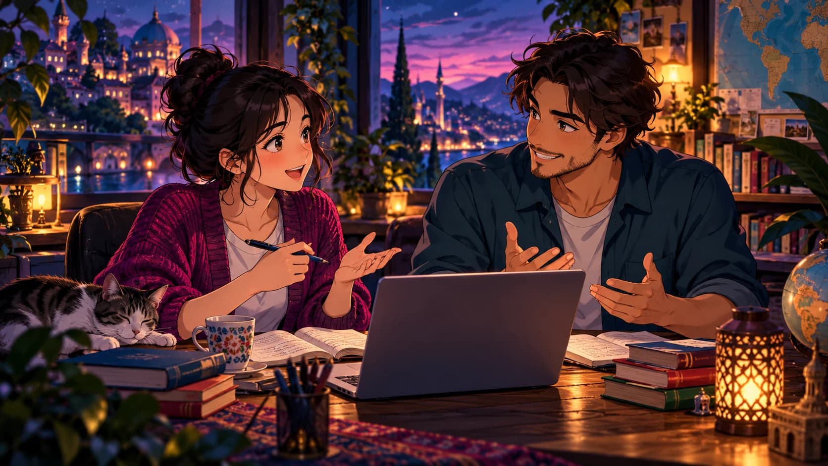 An adult anime learner practicing conversation with a friendly adult mentor in a cozy study, laptop and books.