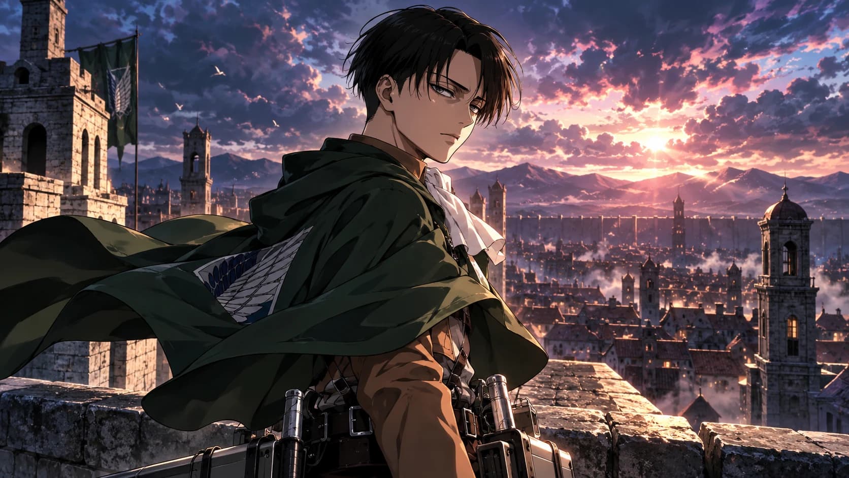 Levi Ackerman from Attack on Titan in a green cloak and white cravat.