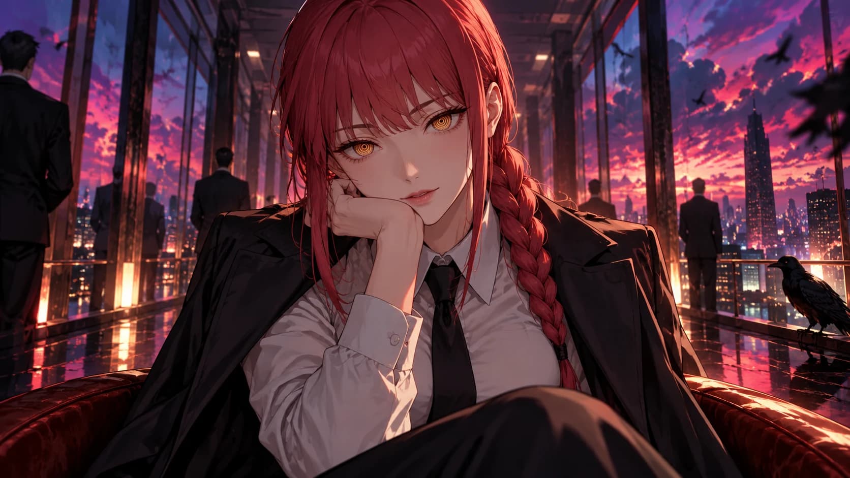 Makima from Chainsaw Man, adult woman with red braided hair, concentric golden eyes, white shirt black tie and dark coat.